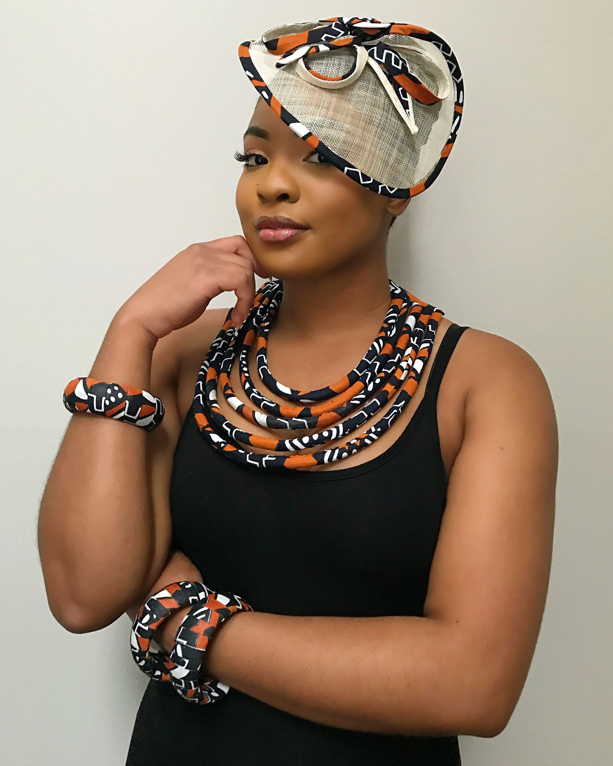 Cowria African Print Fascinator Hat - Brown / Black / White