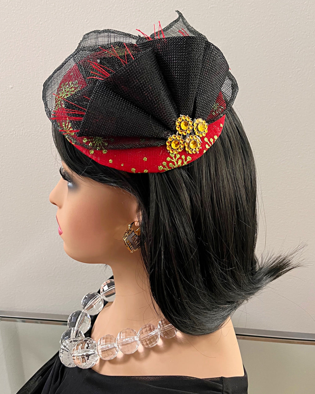 Gloria Fascinator Headband Hat for women- Red/ Black / Gold