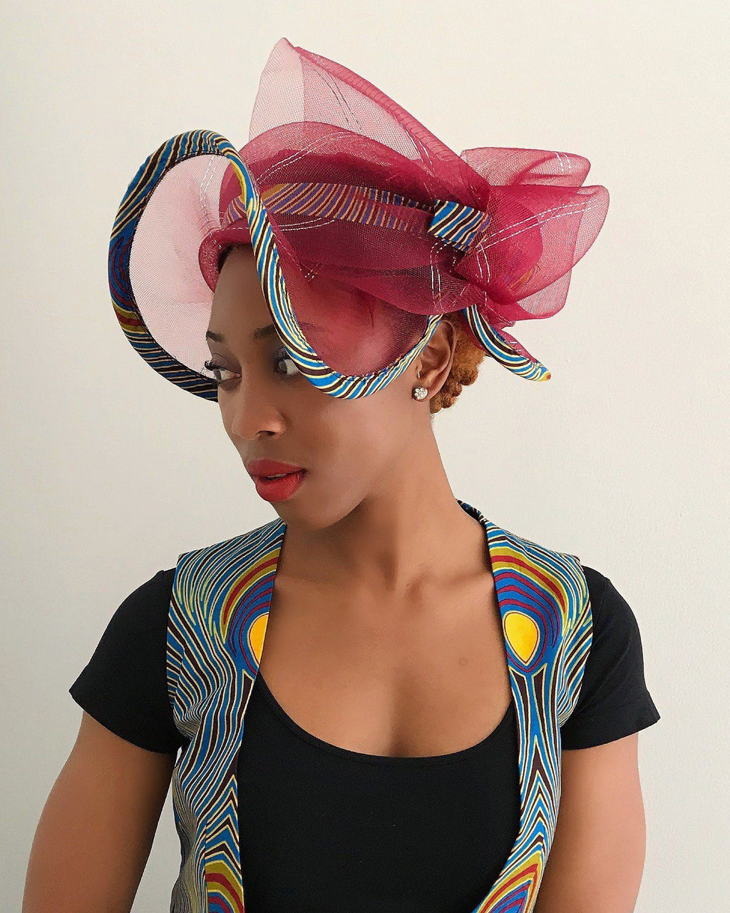 African Print Church Hat - Maroon / Peacock