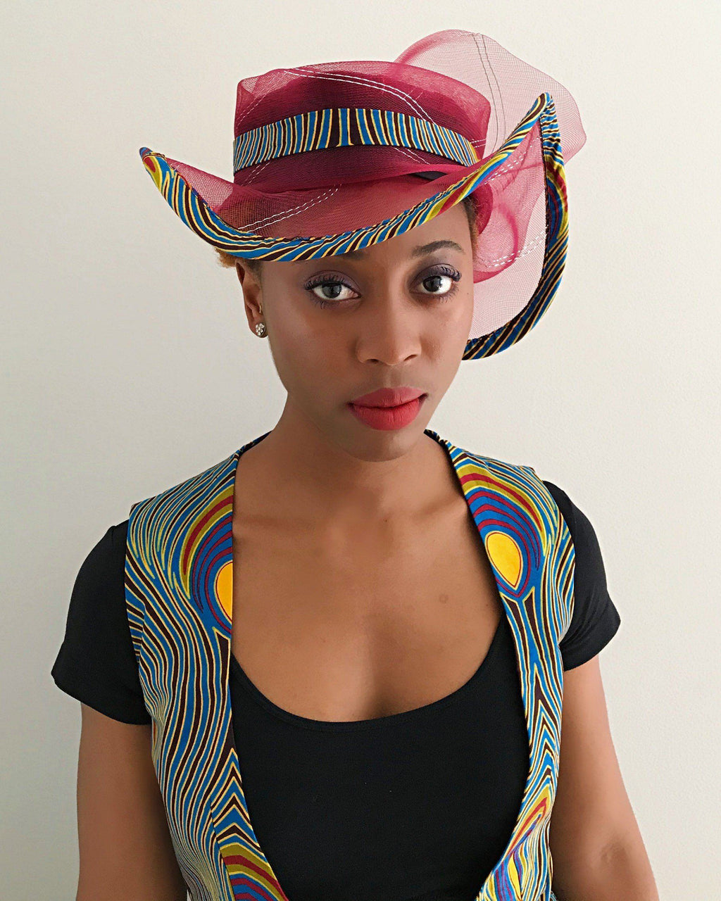 African Print Church Hat - Maroon / Peacock