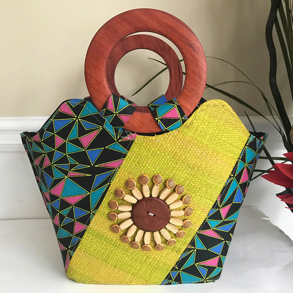 Abayomi Hand Woven Raffia Fibers African Basket Bag with Wood Handle - Green