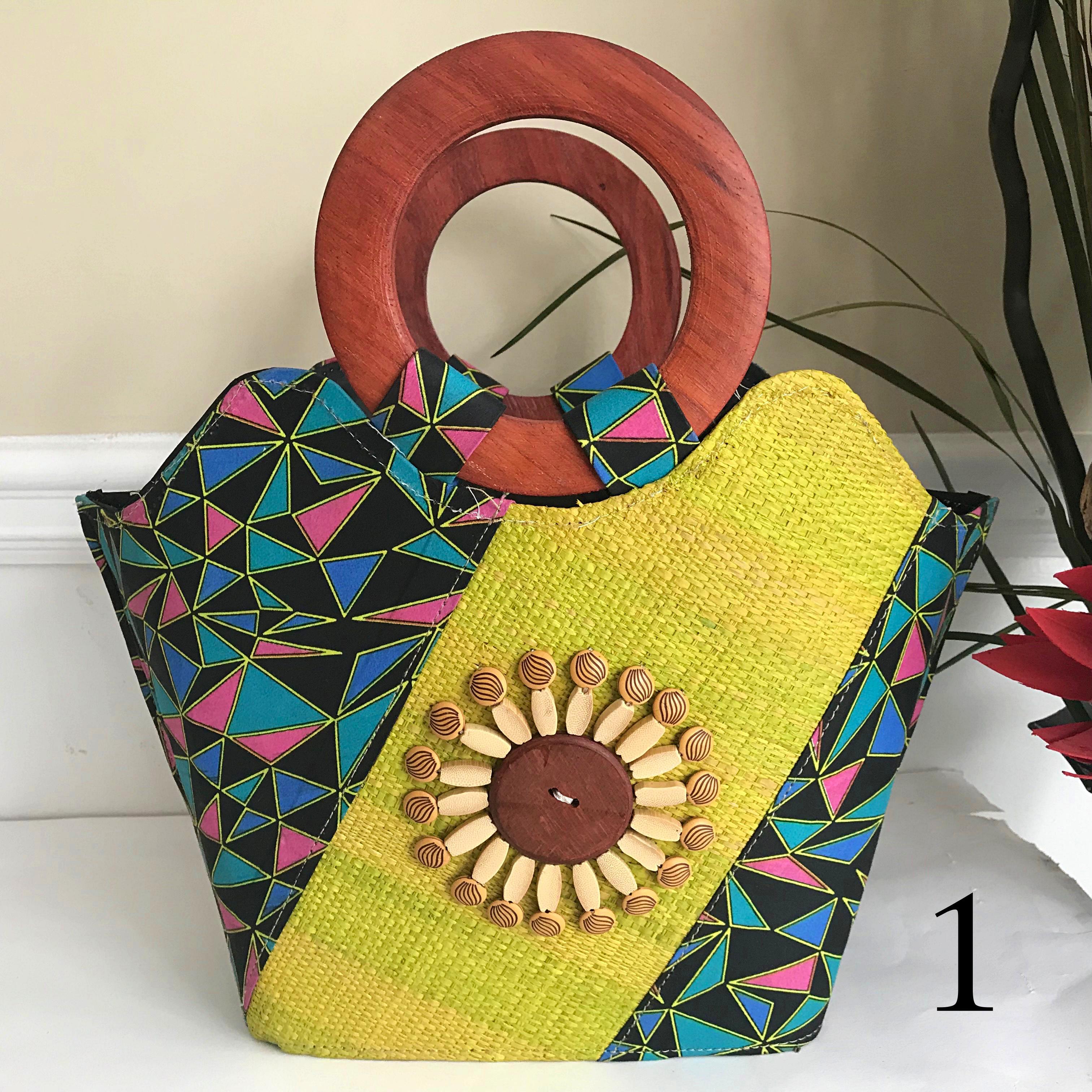 Abayomi Hand Woven Raffia Fibers African Basket Bag with Wood Handle - Green