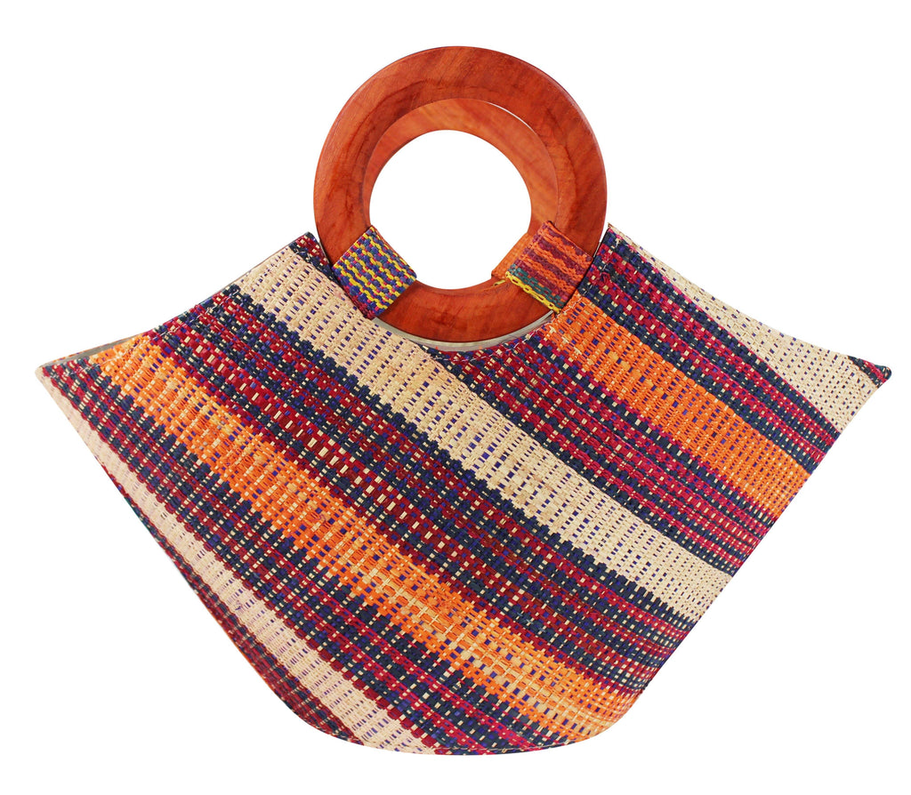 African Hand Woven Raffia Fibers Basket Bag with Wooden Handle