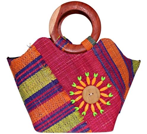 African Hand Woven Raffia Fibers Handbag with Wooden Handle