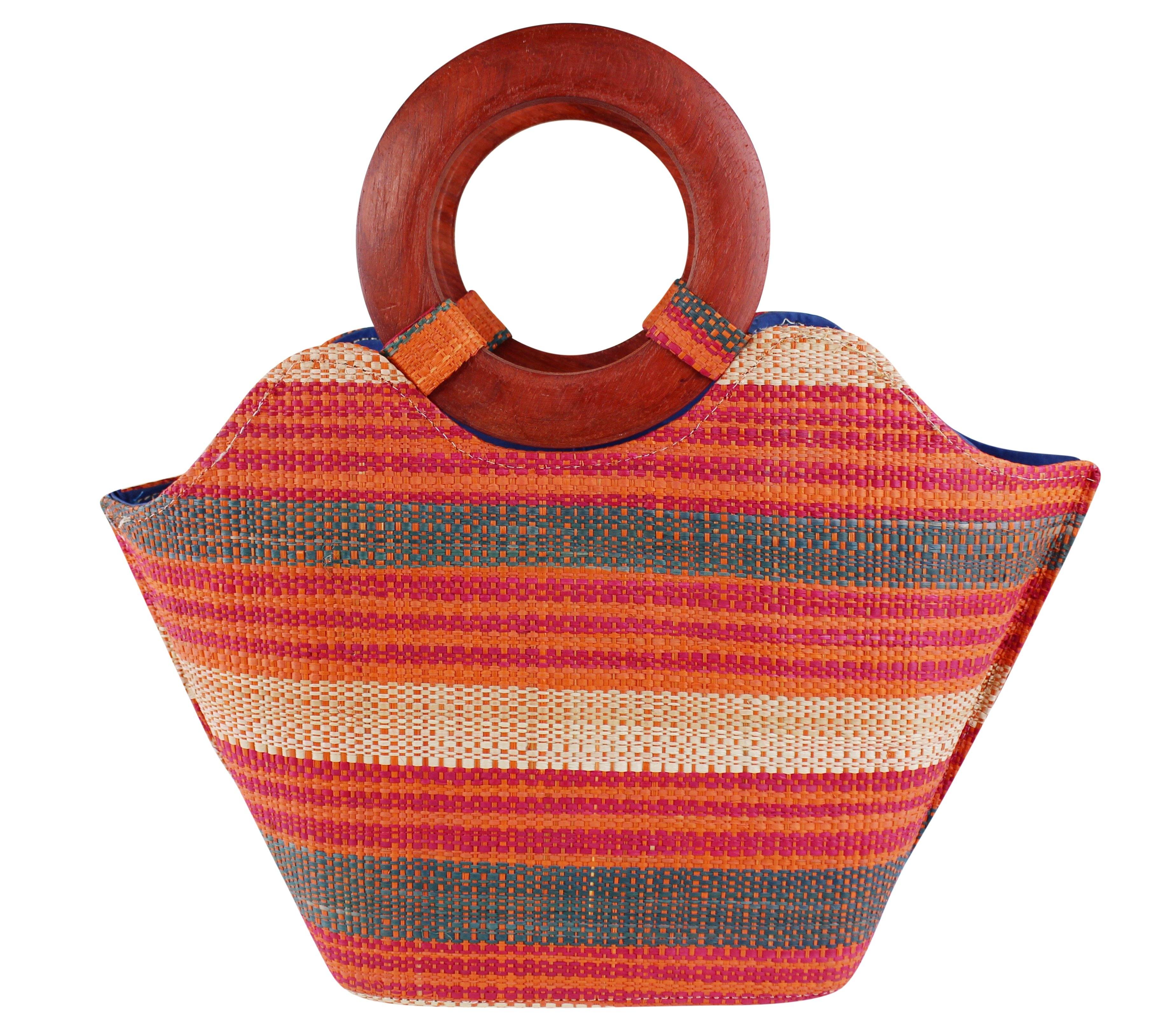 African Hand Woven Raffia Fibers Handbag with Wooden Handle