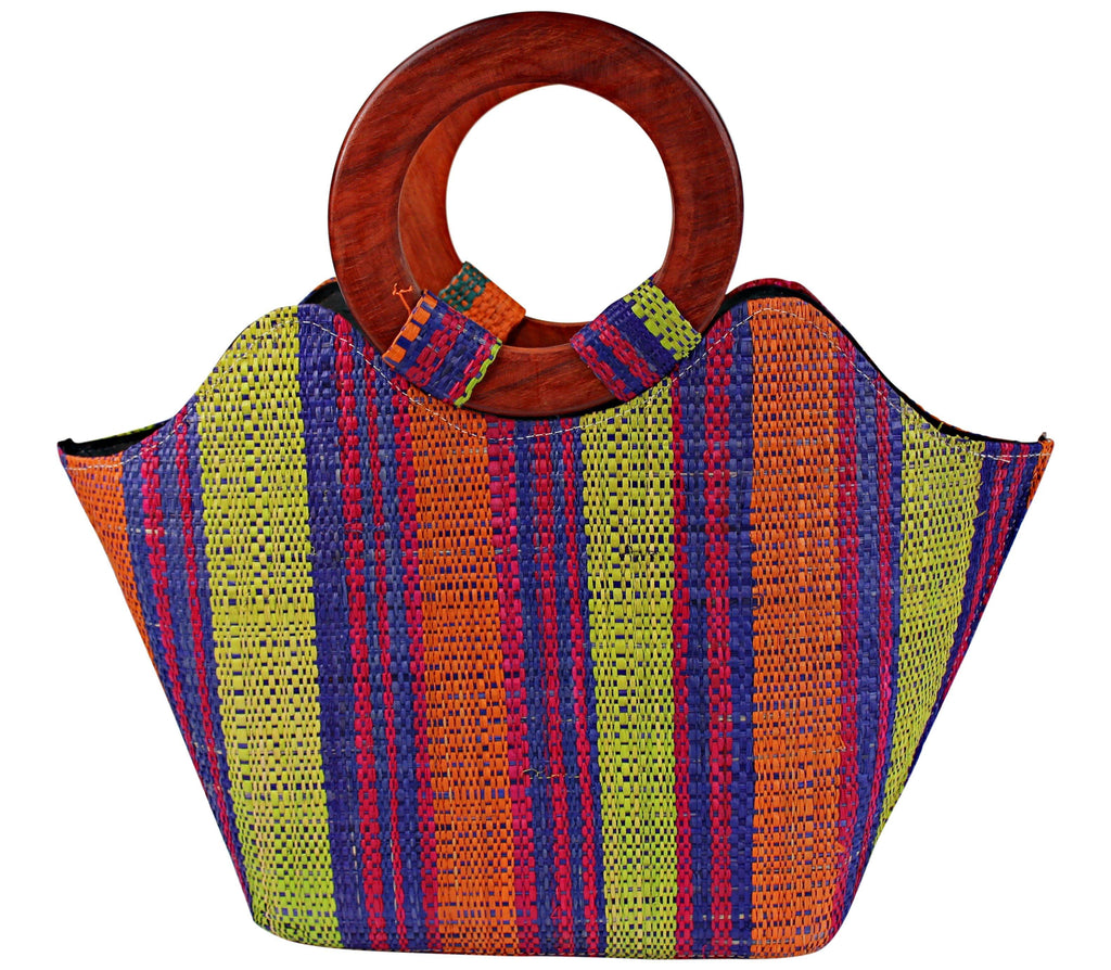 African Hand Woven Raffia Fibers Handbag with Wooden Handle