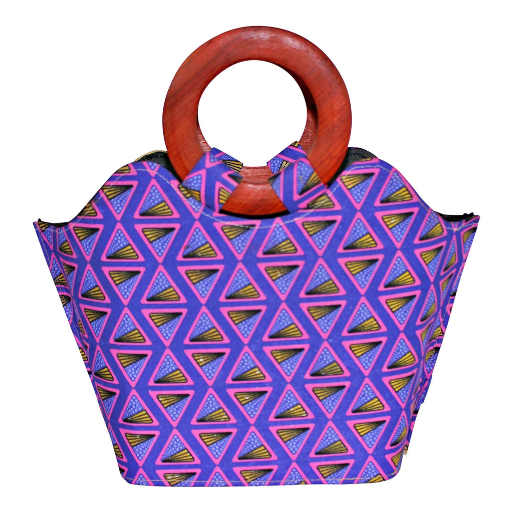 Nina Hand Woven Raffia Fibers African Print Basket Bag with Wood Handle - Purple / Pink