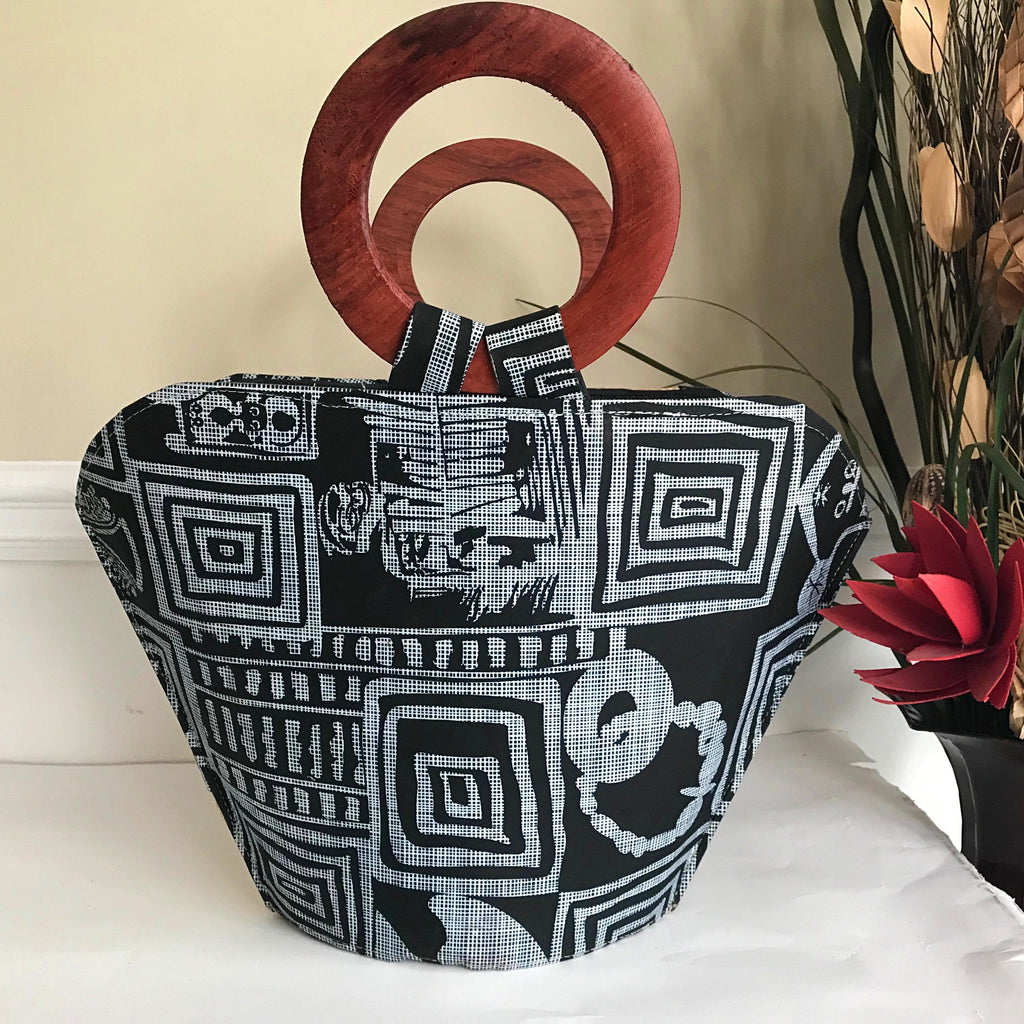 Bamileke Hand Woven Raffia Fibers African Basket Bag with Wood Handle - Big