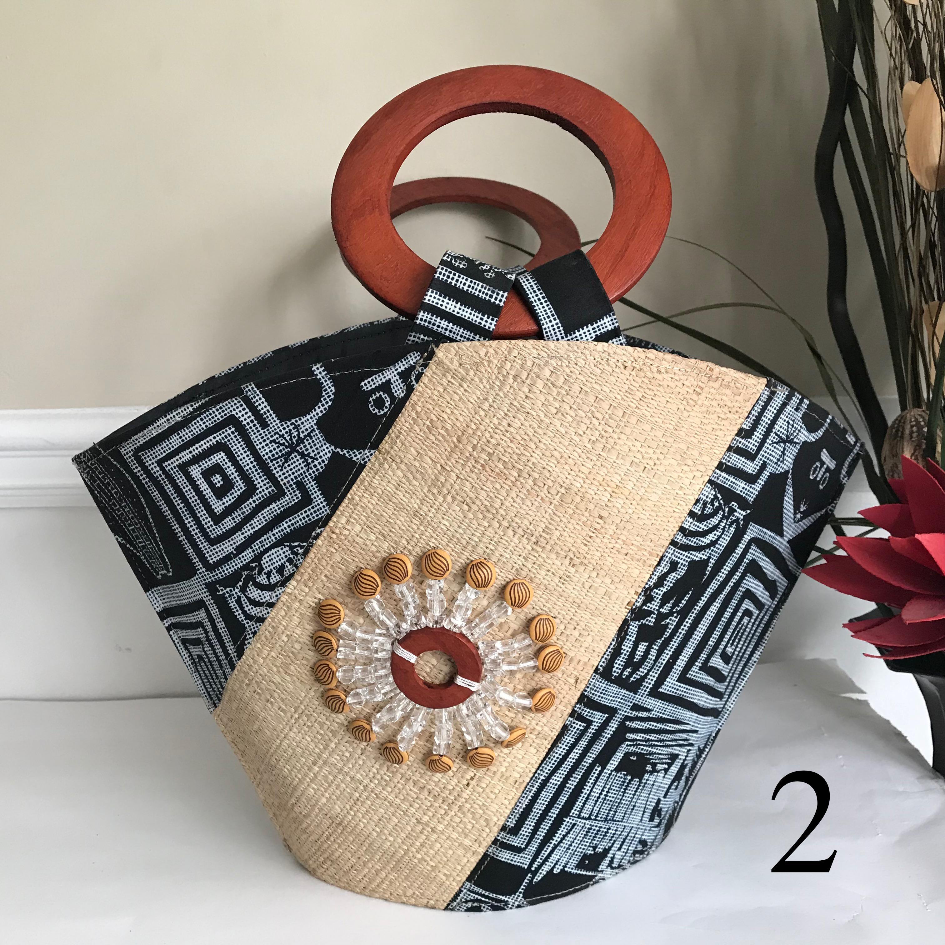 Bamileke Hand Woven Raffia Fibers African Basket Bag with Wood Handle - Big