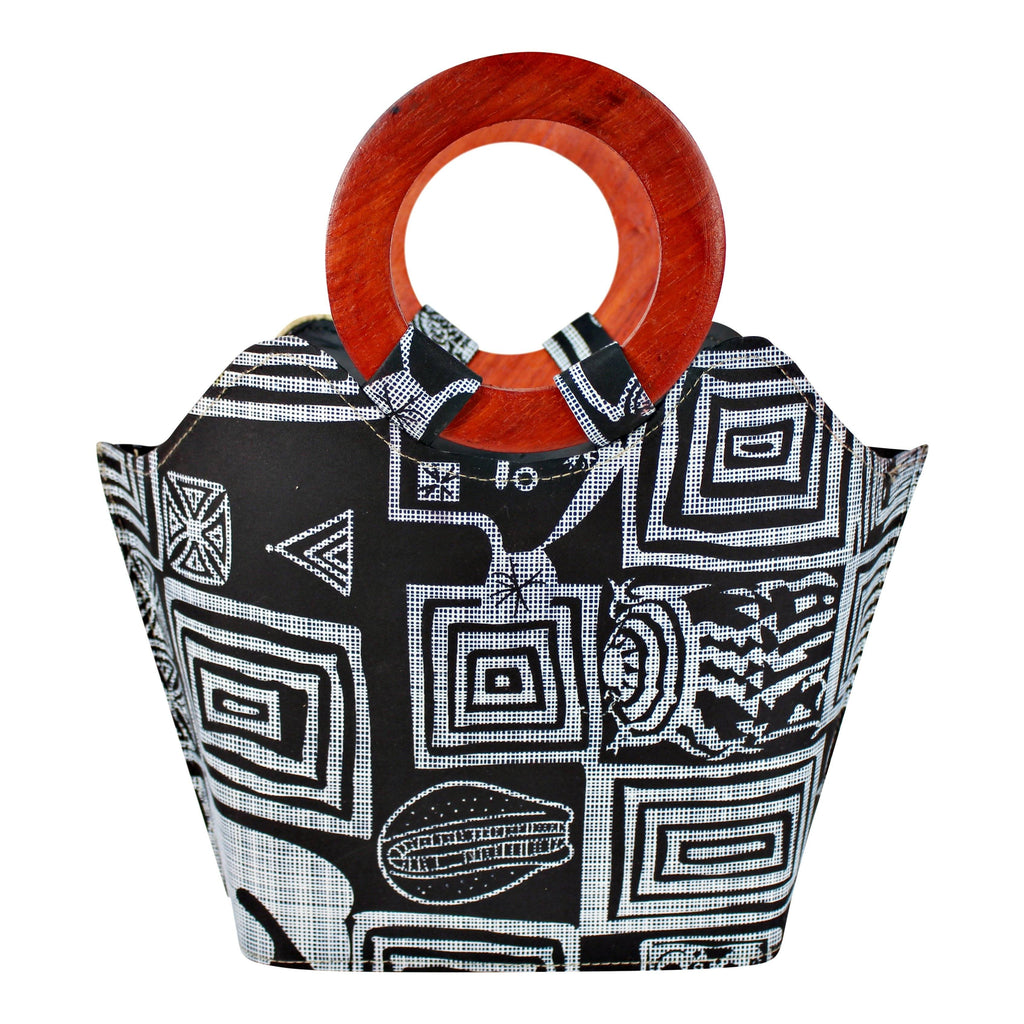 Bamileke Hand Woven Raffia Fibers African Basket Bag with Wood Handle - Medium