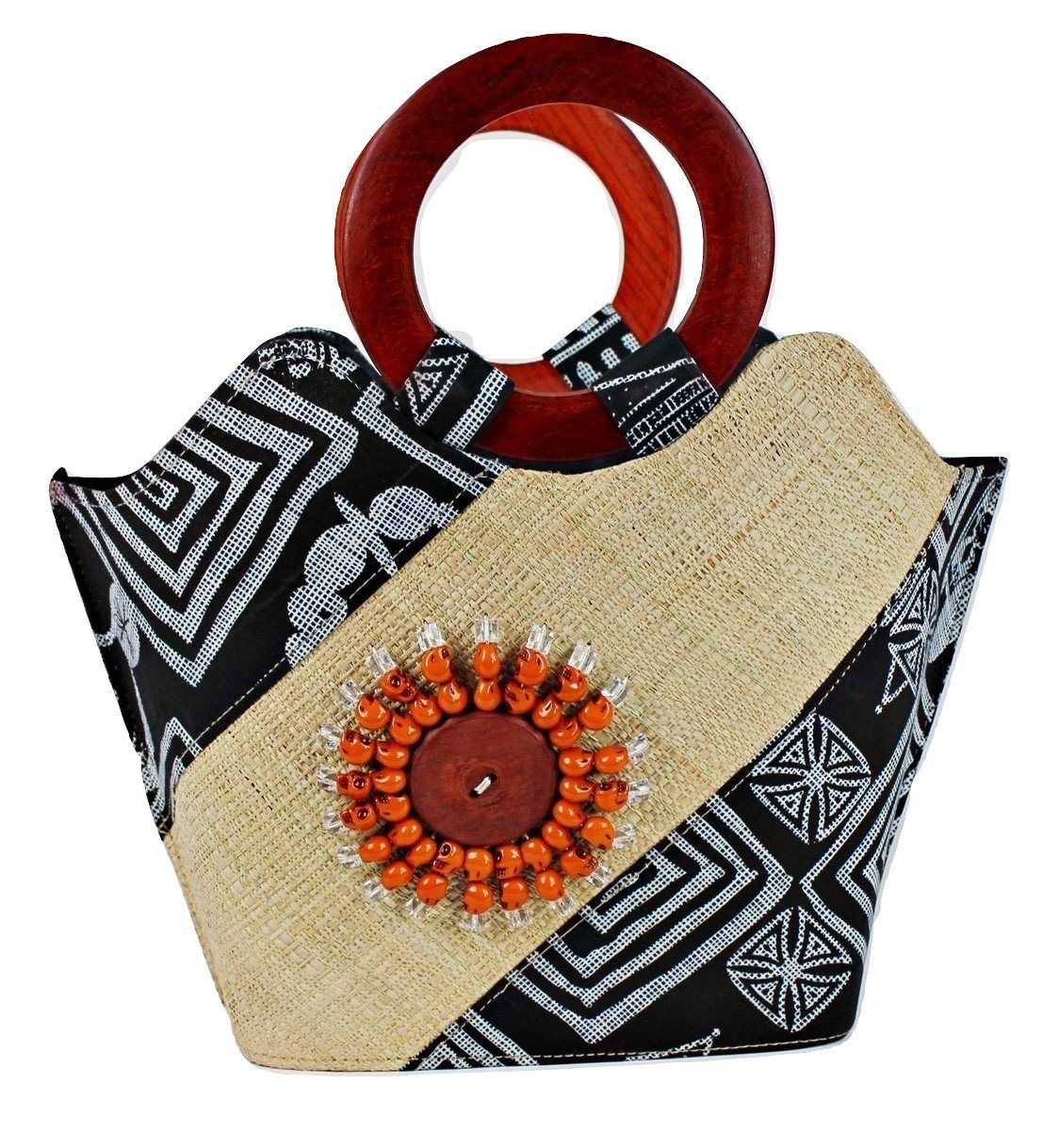 Bamileke Hand Woven Raffia Fibers African Basket Bag with Wood Handle - Medium