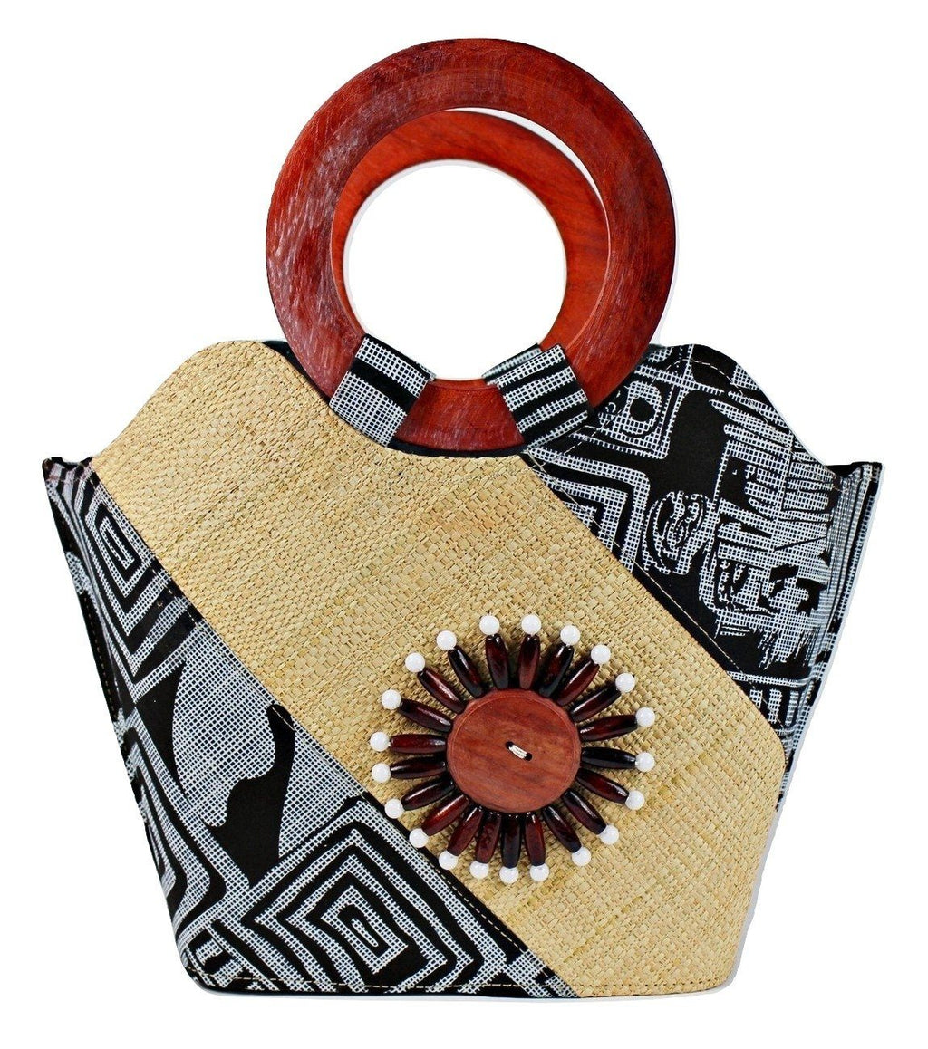 Bamileke Hand Woven Raffia Fibers African Basket Bag with Wood Handle - Medium