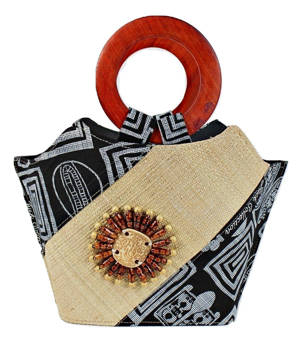 Bamileke Hand Woven Raffia Fibers African Basket Bag with Wood Handle - Medium