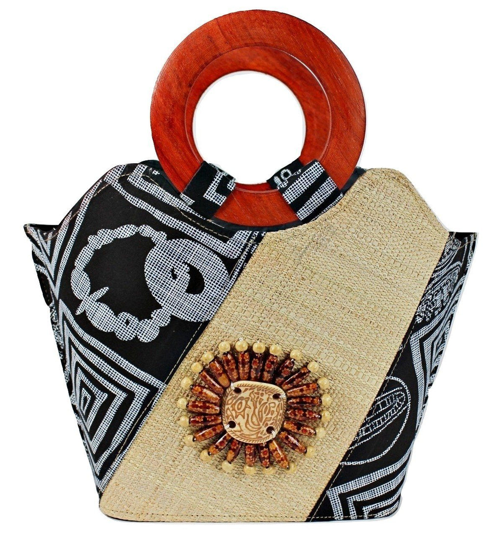 Bamileke Hand Woven Raffia Fibers African Basket Bag with Wood Handle - Medium