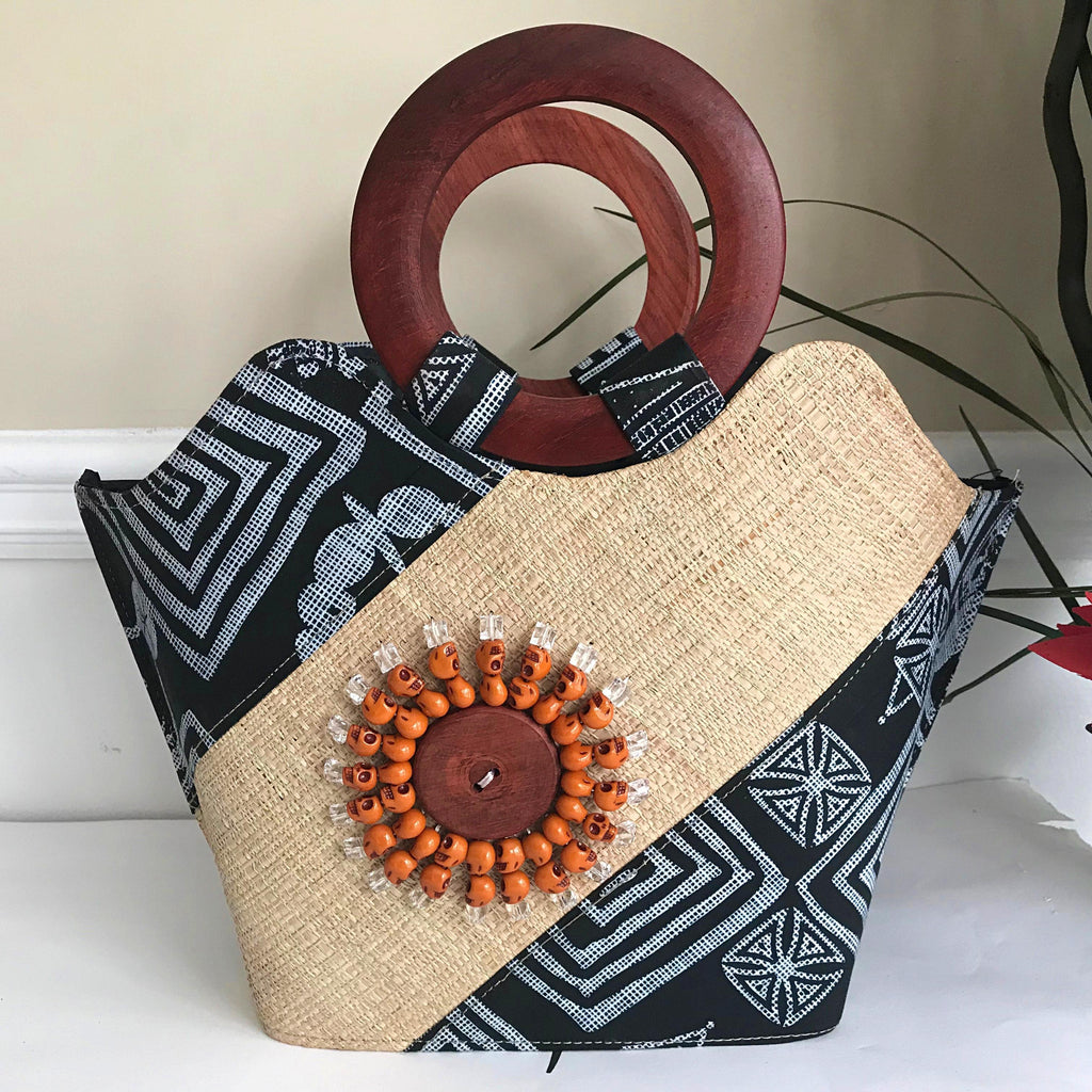 Bamileke Hand Woven Raffia Fibers African Basket Bag with Wood Handle - Medium
