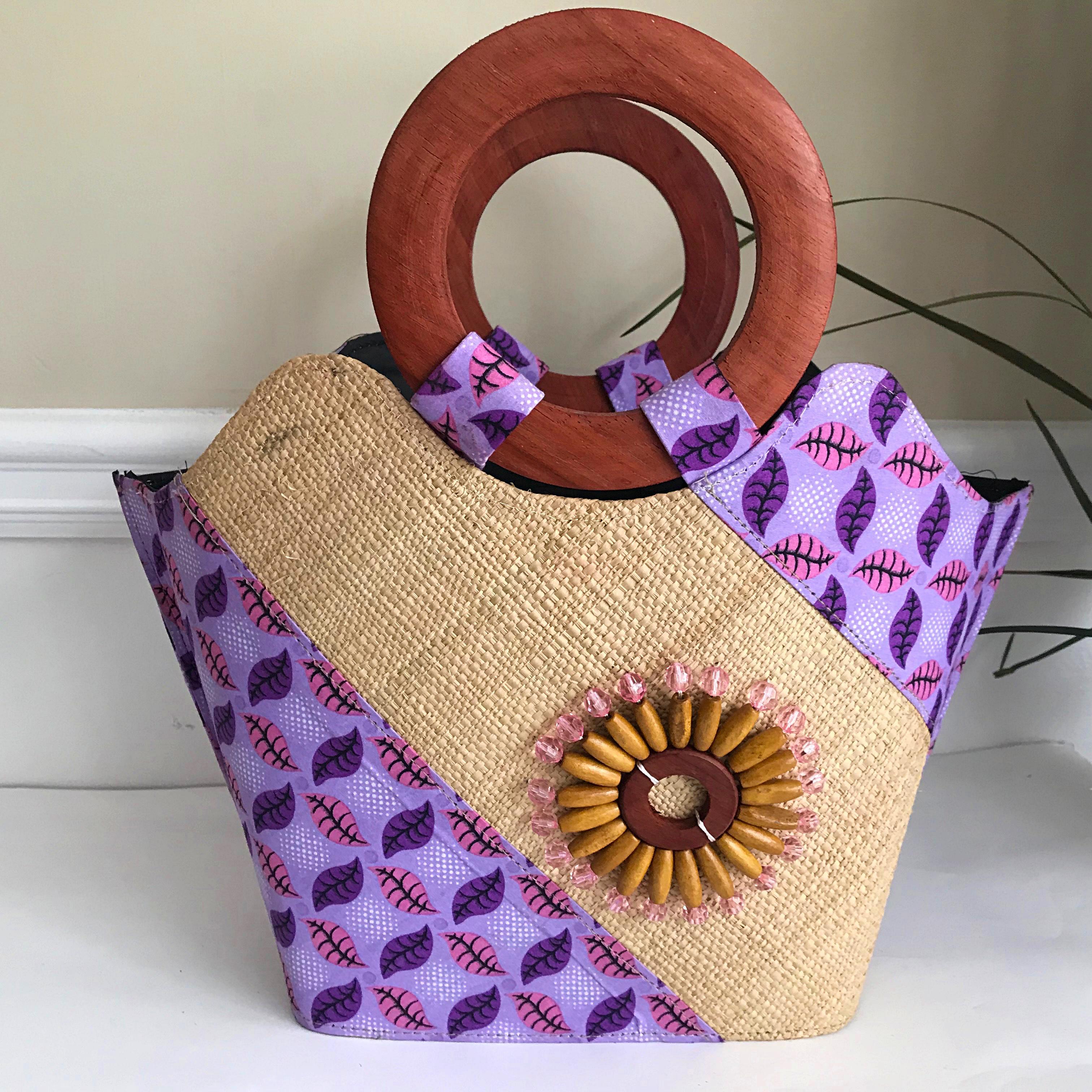 Hannah Hand Woven Raffia Fibers Basket African Bag with Wood Handle - Light Purple