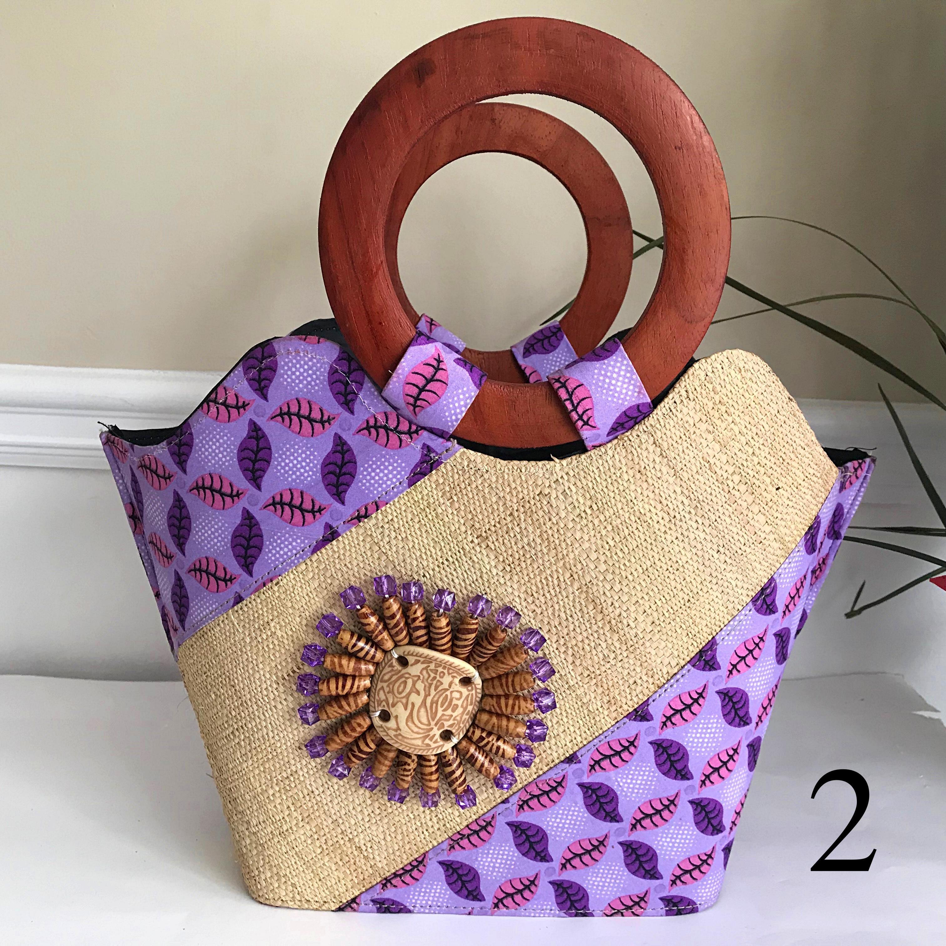 Hannah Hand Woven Raffia Fibers Basket African Bag with Wood Handle - Light Purple