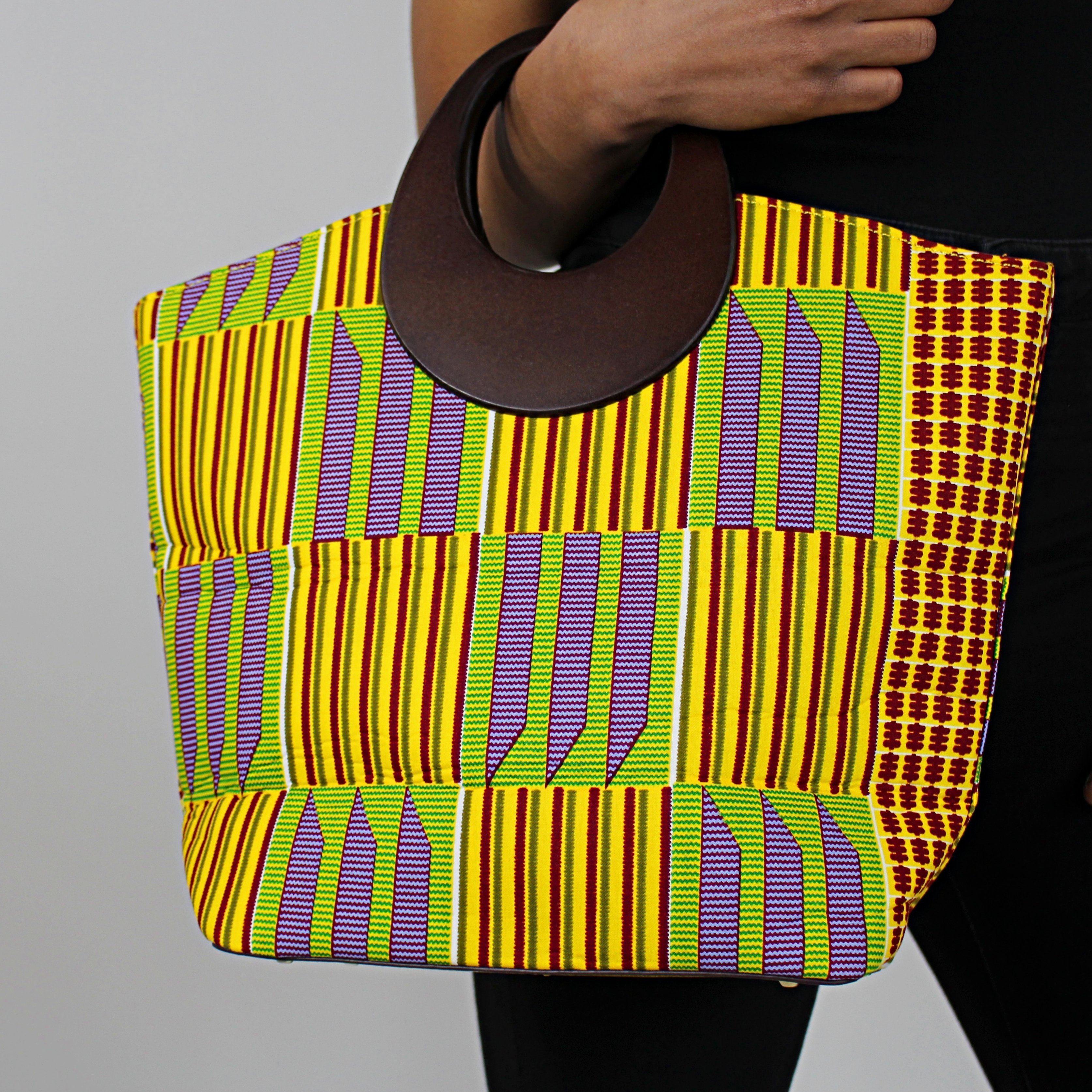Kente African Print Bag with Purse - Yellow / Purple
