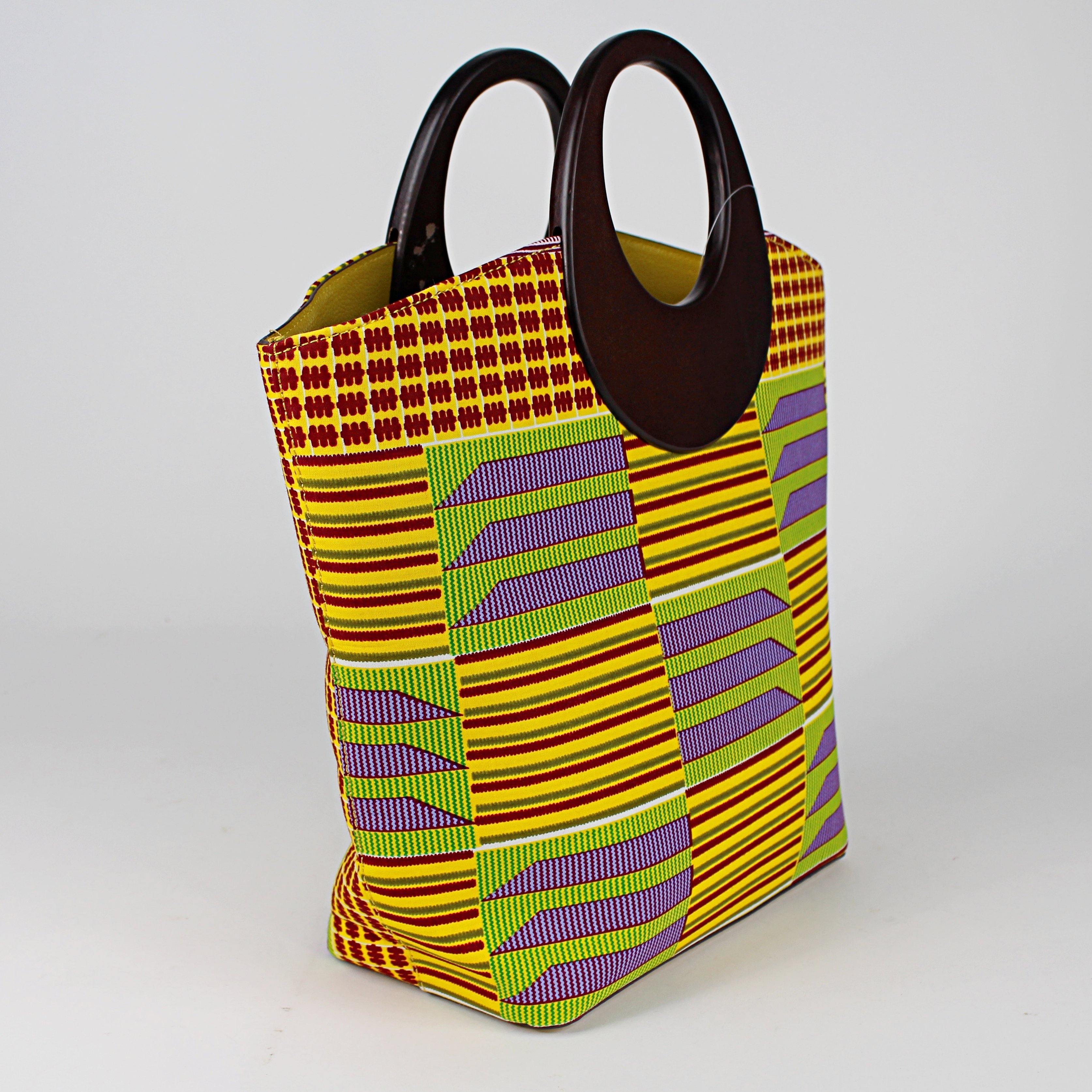 Kente African Print Bag with Purse - Yellow / Purple