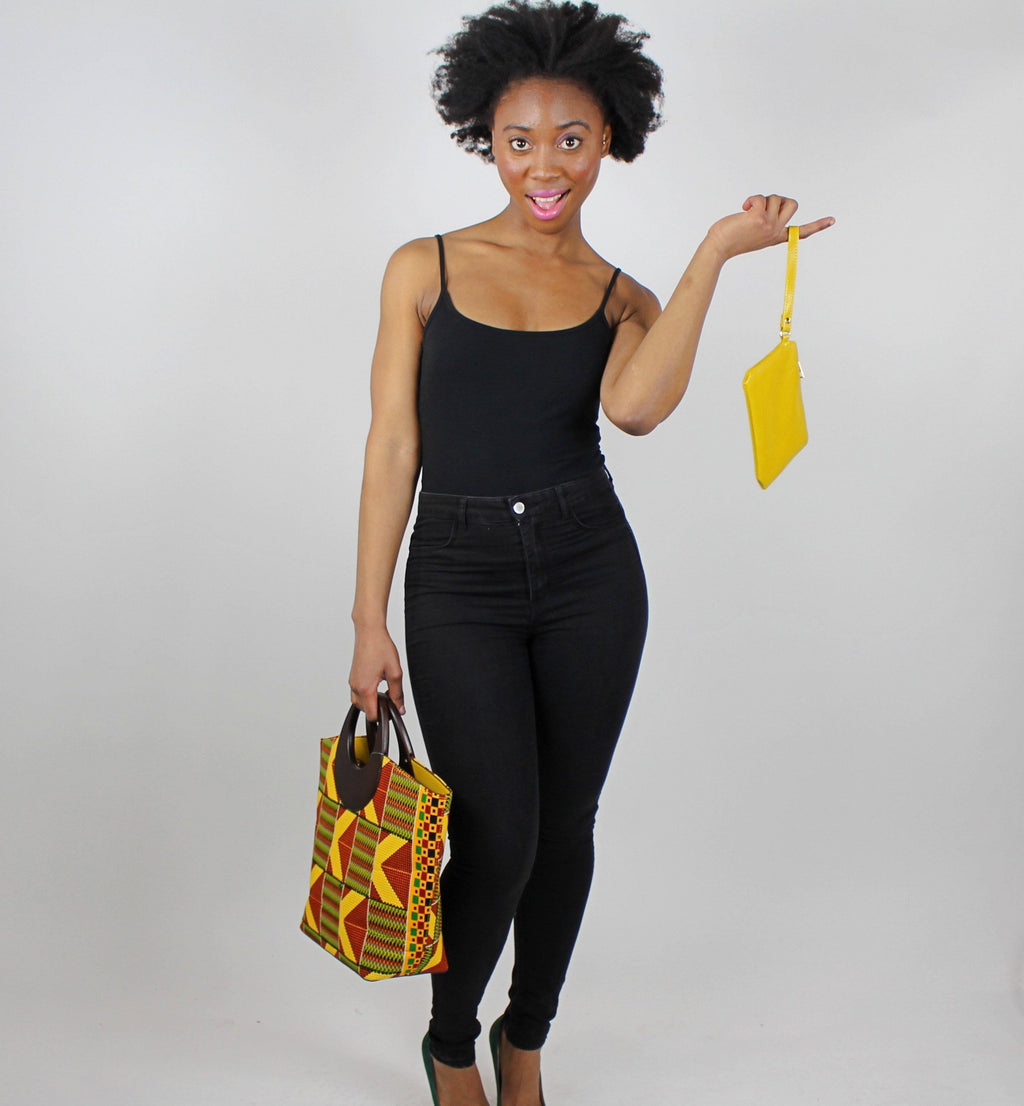 Kente African Print Bag with Purse - Yellow / Red / Green