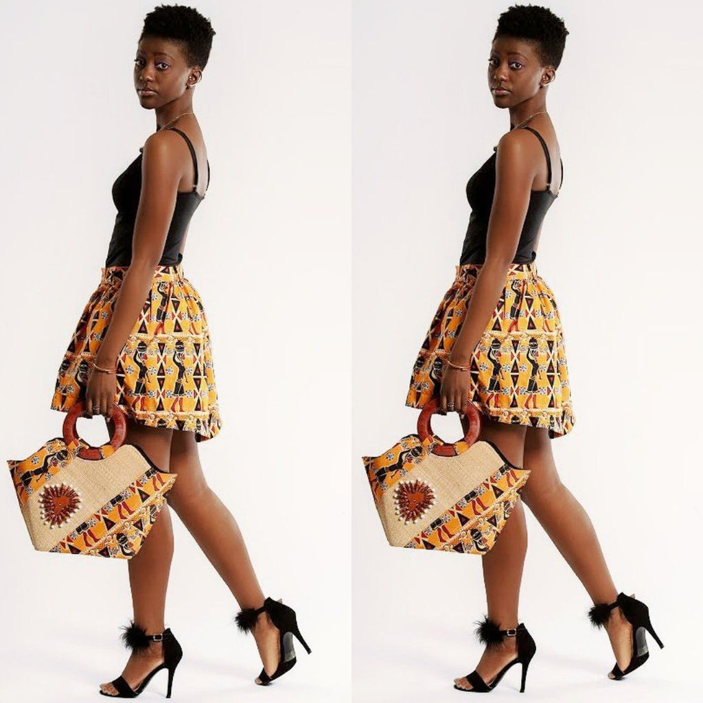 Masika African Hand Woven Raffia Fibers African Print Basket Bag - Orange