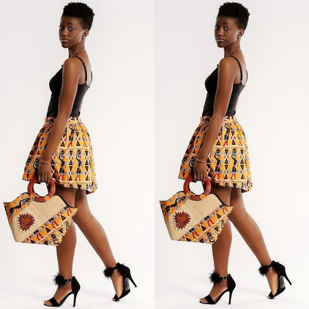 Masika African Hand Woven Raffia Fibers African Print Basket Bag - Orange