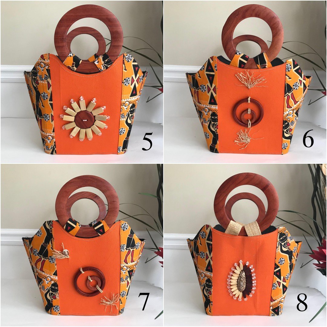 Masika African Hand Woven Raffia Fibers African Print Basket Bag - Orange