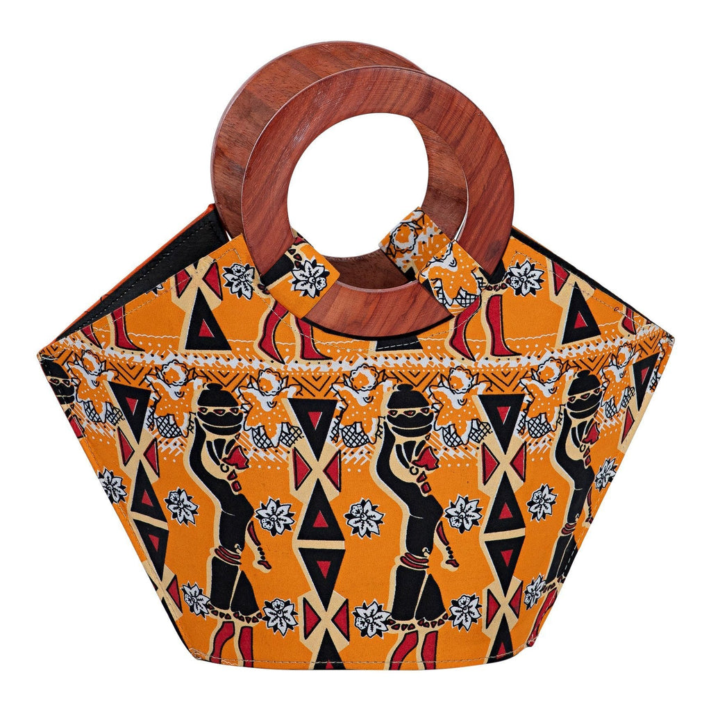 Masika Hand Woven Raffia Fibers Basket African Bag with Wood Handle - Orange