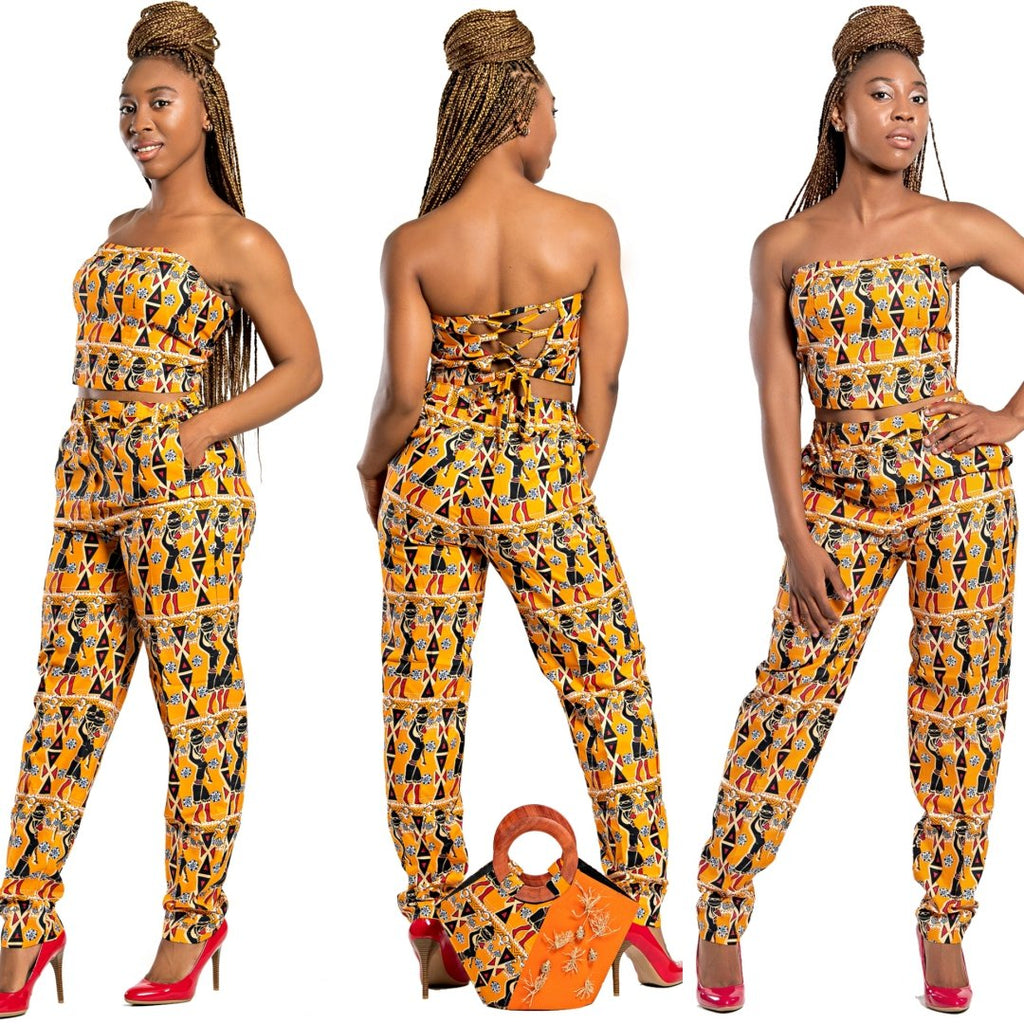 Masika Hand Woven Raffia Fibers Basket African Bag with Wood Handle - Orange