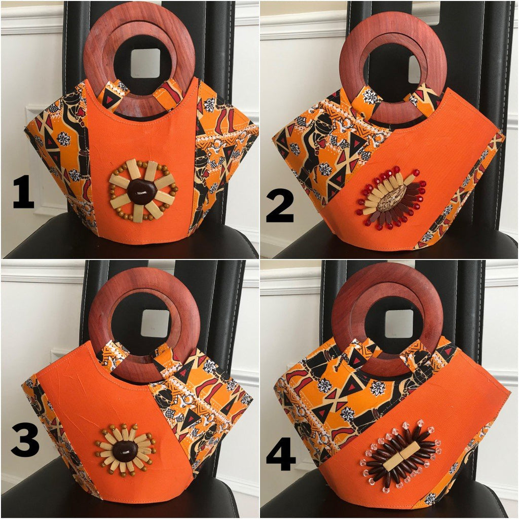 Masika Hand Woven Raffia Fibers Basket African Bag with Wood Handle - Orange