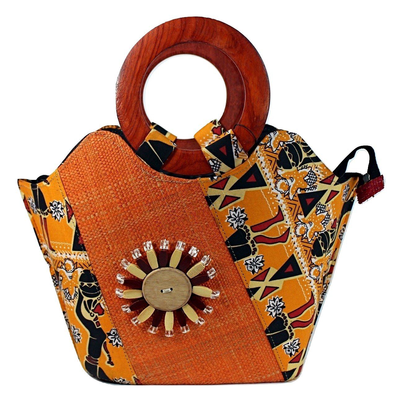 Masika Hand Woven Raffia Fibers Basket African Bag with Wood Handle - Orange