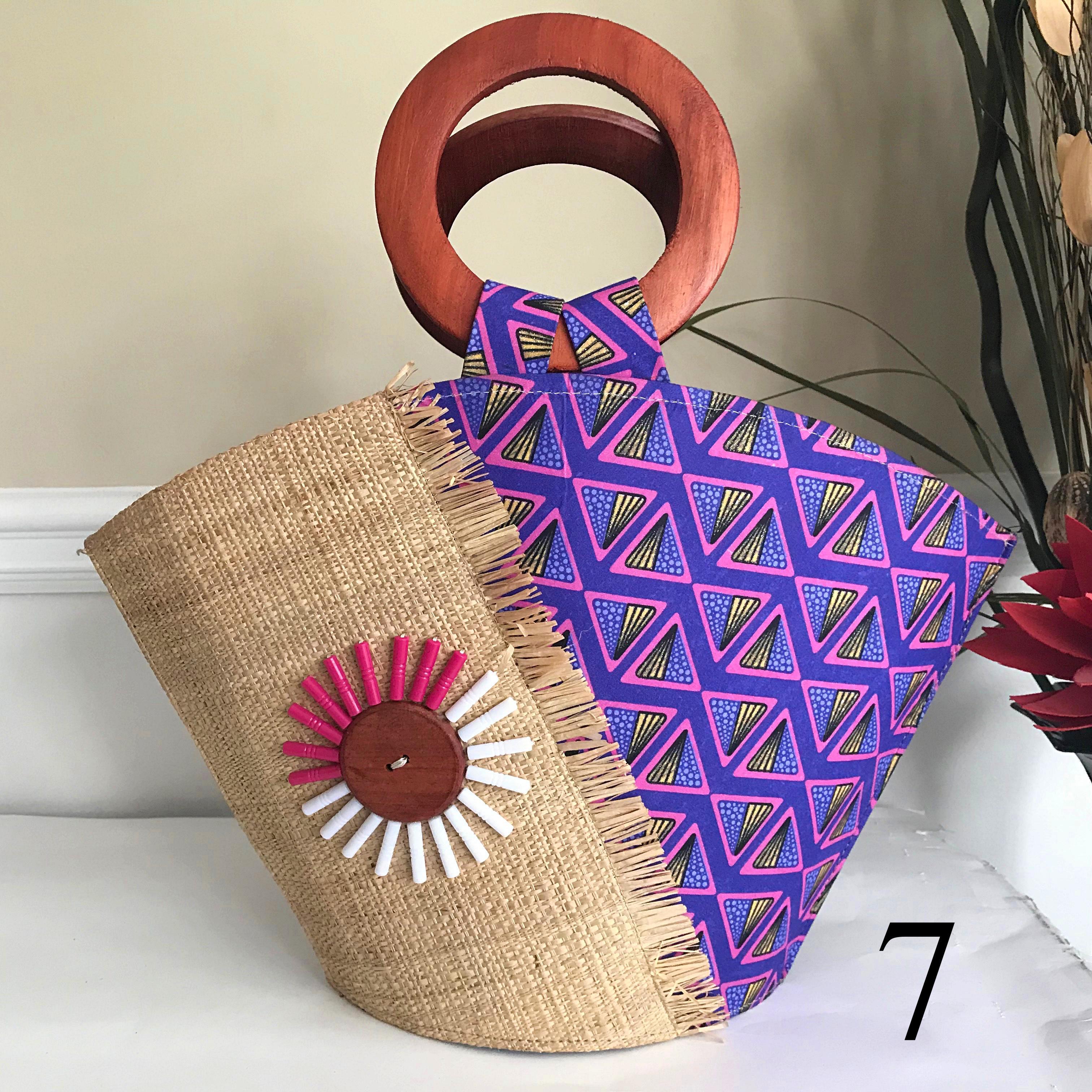 Nina Hand Woven Raffia Fibers African Basket Bag with Wood Handle - Big