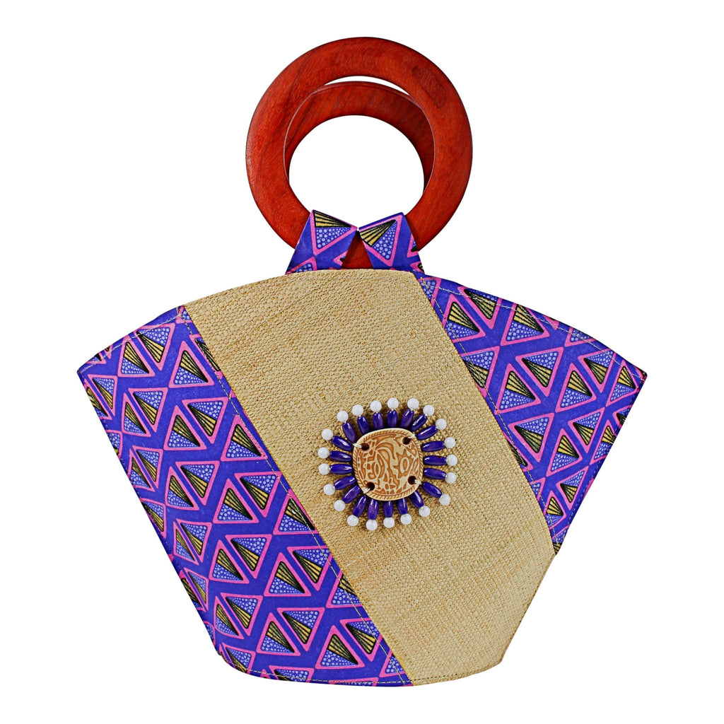 Nina Hand Woven Raffia Fibers African Basket Bag with Wood Handle - Purple