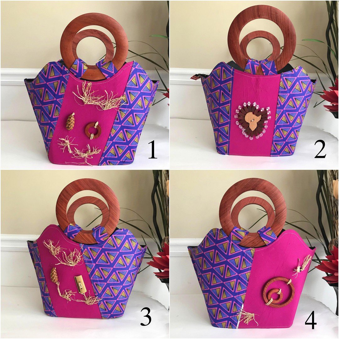 Nina Hand Woven Raffia Fibers African Print Basket Bag with Wood Handle - Purple / Pink