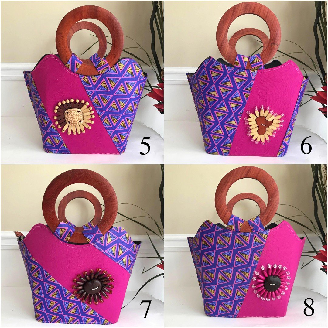 Nina Hand Woven Raffia Fibers African Print Basket Bag with Wood Handle - Purple / Pink