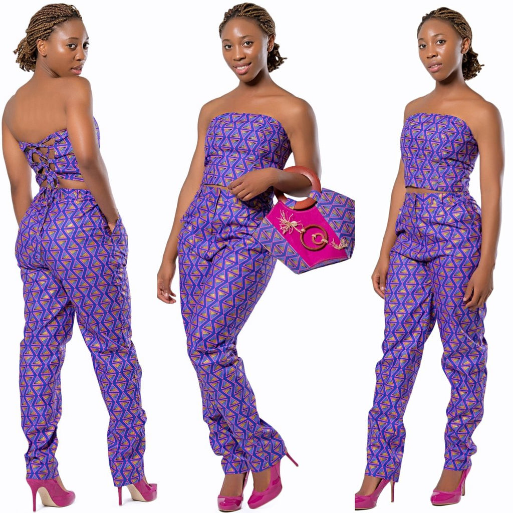 Nina Hand Woven Raffia Fibers African Print Basket Bag with Wood Handle - Purple / Pink