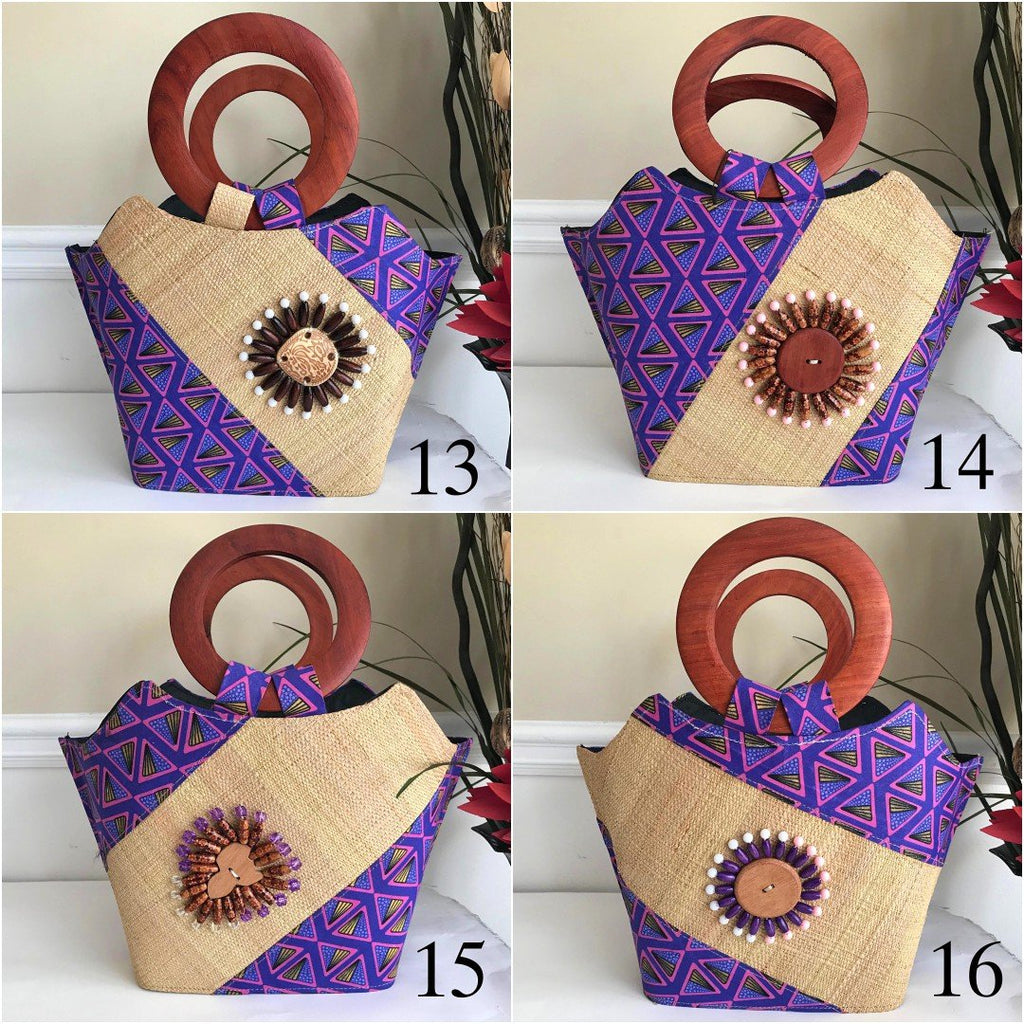 Nina Hand Woven Raffia Fibers African Print Basket Bag with Wood Handle - Purple / Pink