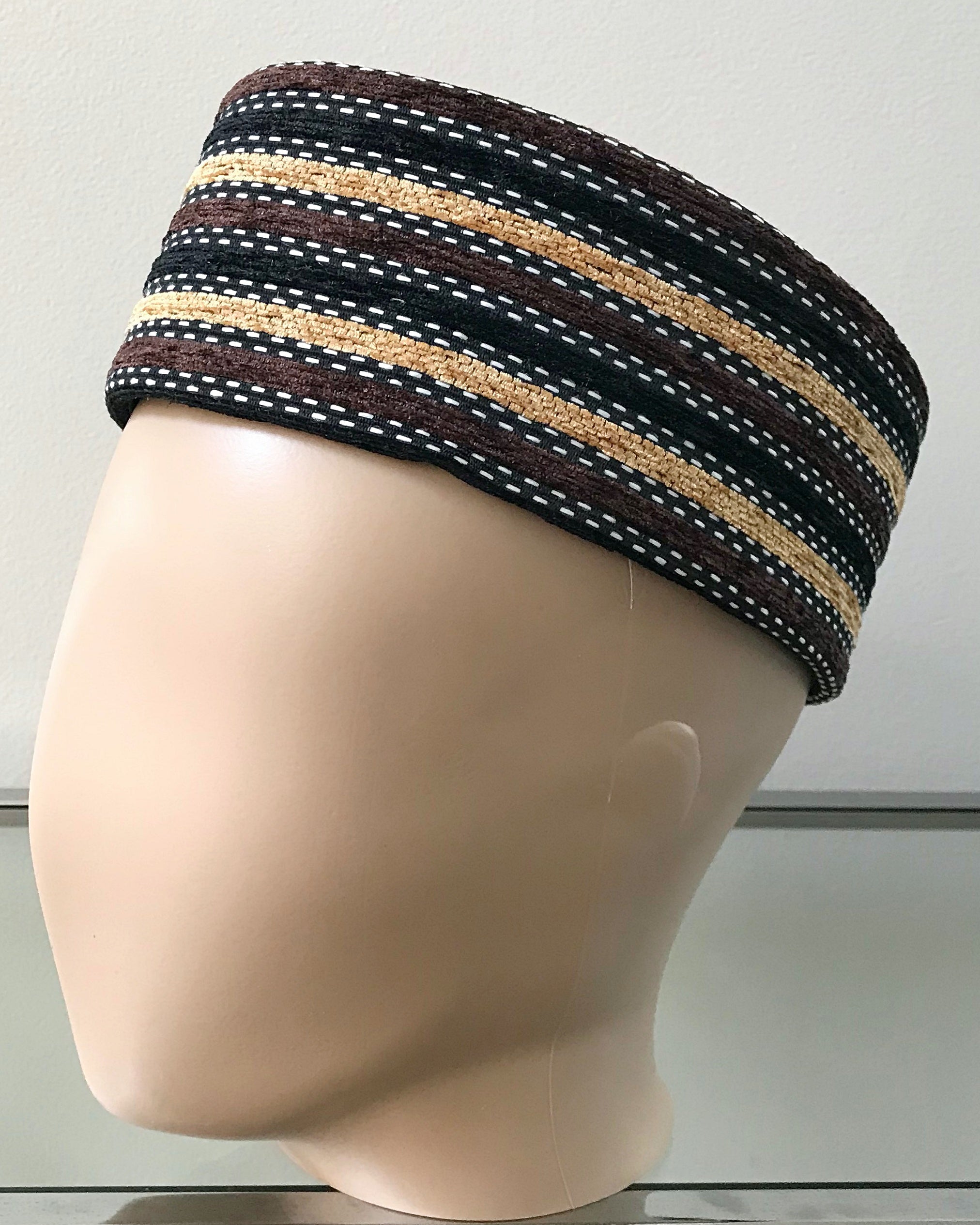 Brown & Black Stripe Print Velvet Hat for Men
