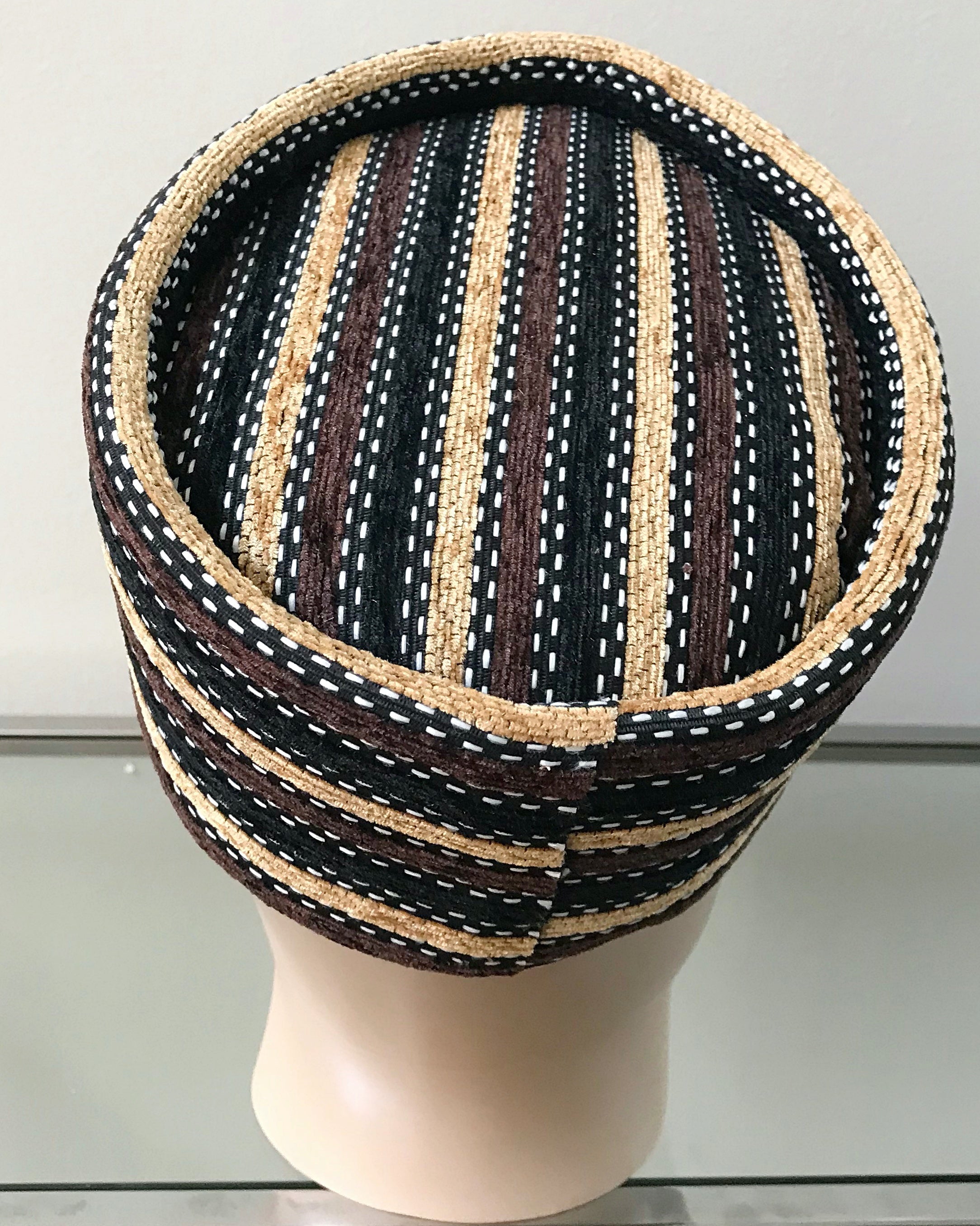 Brown & Black Stripe Print Velvet Hat for Men